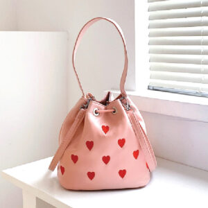 Cute Printed Heart Drawstring Bucket Crossbody Bag Pink