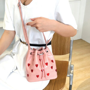 Cute Printed Heart Drawstring Bucket Crossbody Bag Pink