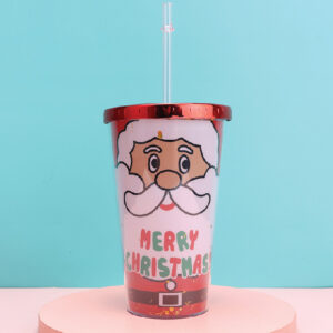 Christmas Series 500mL/16.9fl.oz. Santa Claus Head Flat Top Cup with Straw (Red)