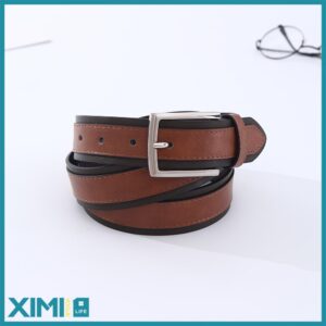 Spliced Color Leather Belt with Square Buckle For Men