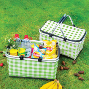 Outdoor Plaid Portable Thermal Folding Picnic Storage Basket 30L (Green)
