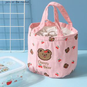 Cute Cherry Bear Cylindrical Drawstring Lunch Bag