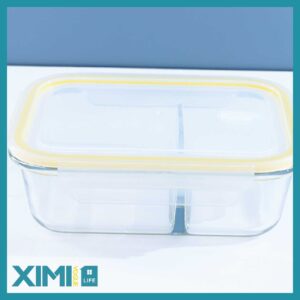 Rectangular Borosilicate Glass 2 Compartments Preservation Box(1000ml/33.8fl.oz., Yellow)